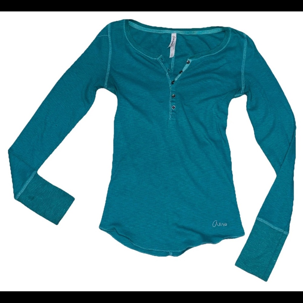 Aeropostale Y2K Teal Ribbed Long Sleeve Long Line Bella Elena Henley SZ.M